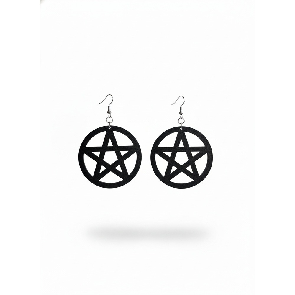 Wood Black Pentagram Star Circle‎ Dangle Drop Earrings Goth Witchy Occult